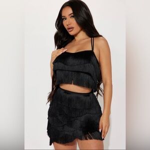 Large black Fashion Nova Fringe Skirt Set